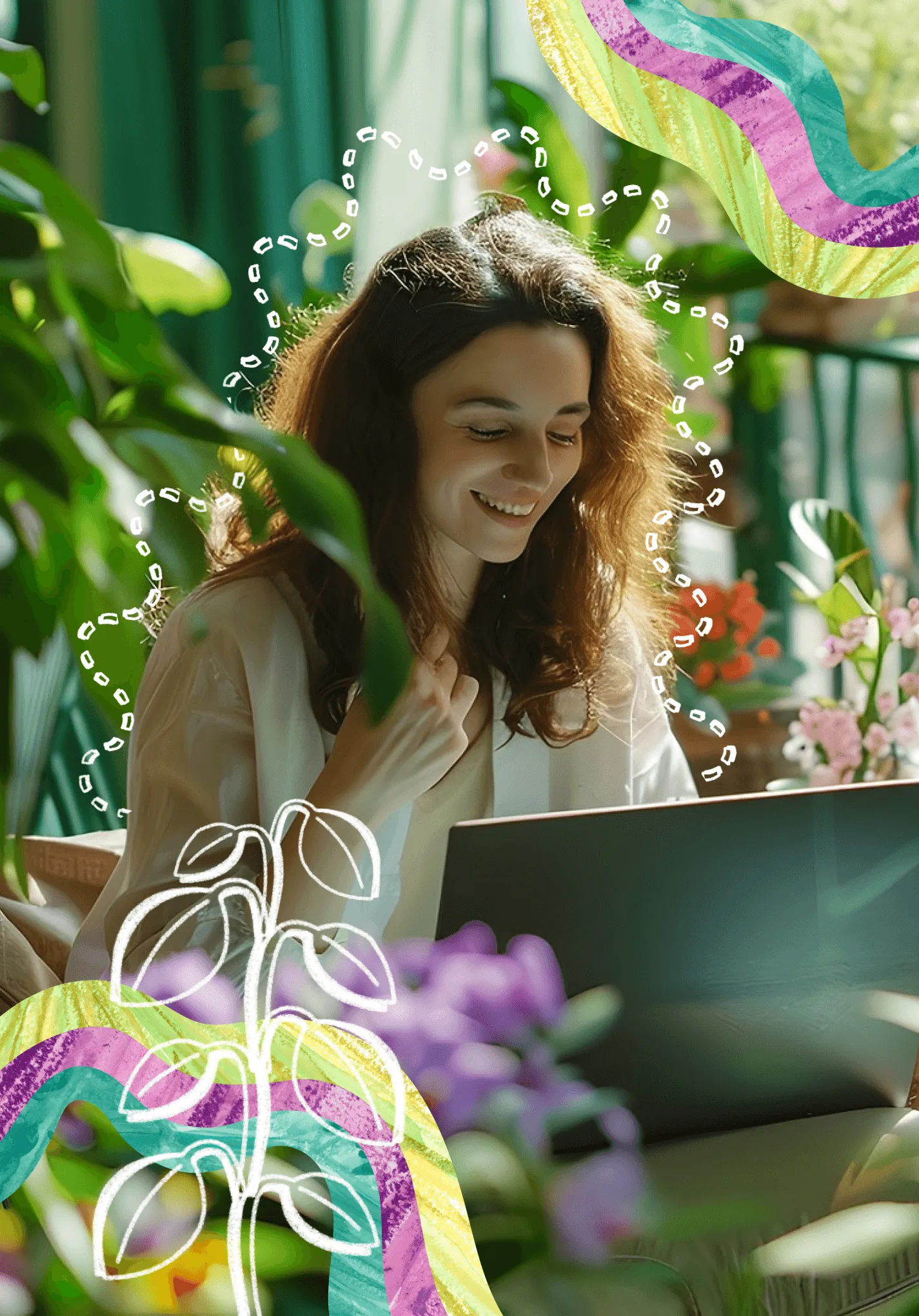 An AI image of a woman sitting at a laptop surrounded by plants