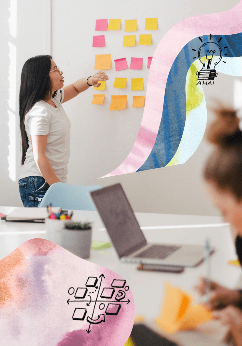 person pointing to sticky notes on whiteboard surrounded by blobs and shapes