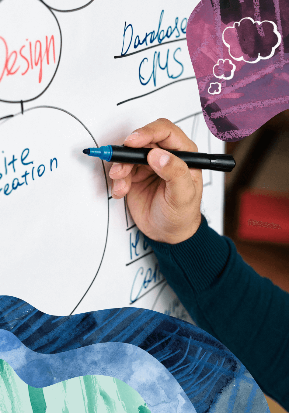 picture of hand writing on whiteboard surrounded by shapes