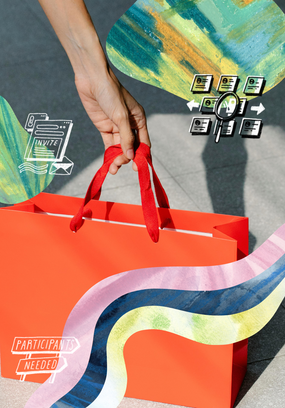 picture of shopping bag surrounded by shapes and illustrations