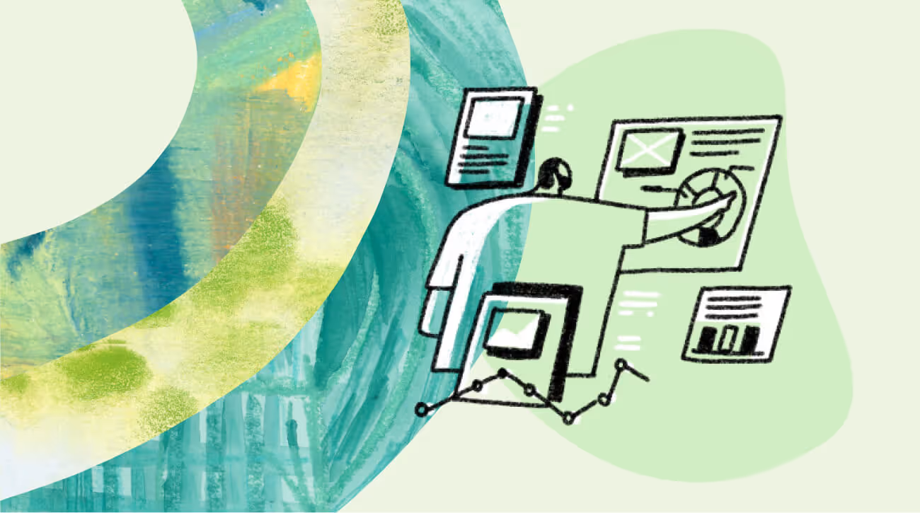 a person organizing abstract files of graphs, documents, and charts