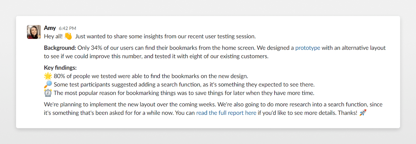 slack message sharing ux research findings