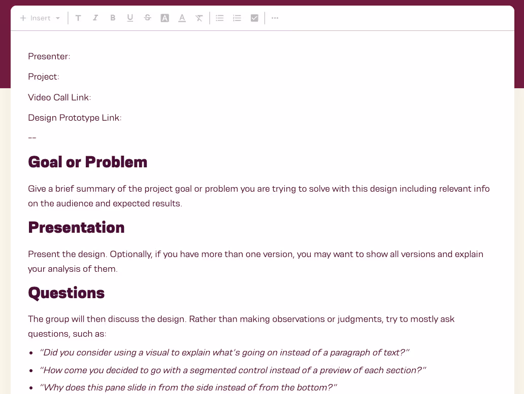 screenshot of design critique meeting template