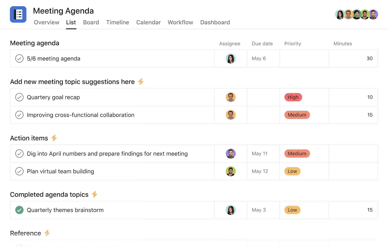 screenshot of meeting agenda template in Asana