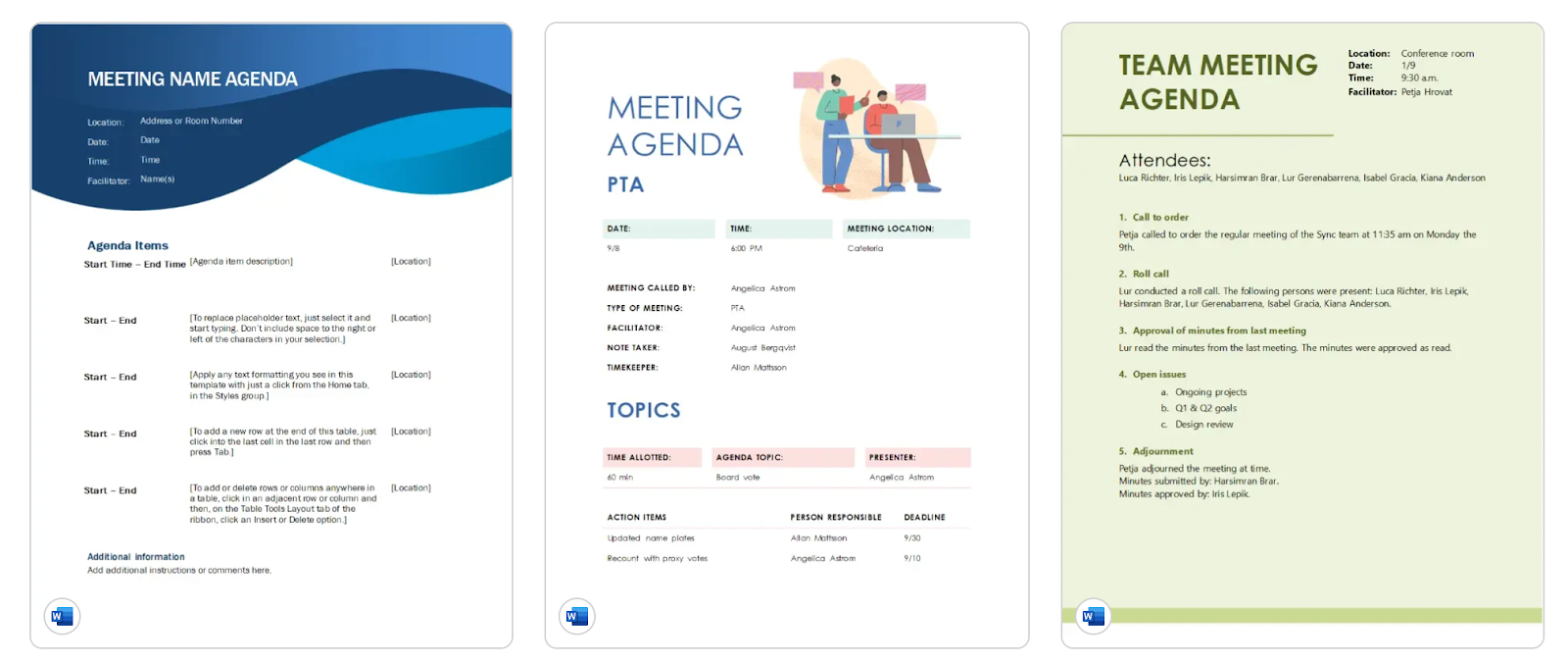 screenshot of customizable meeting agenda templates from microsoft