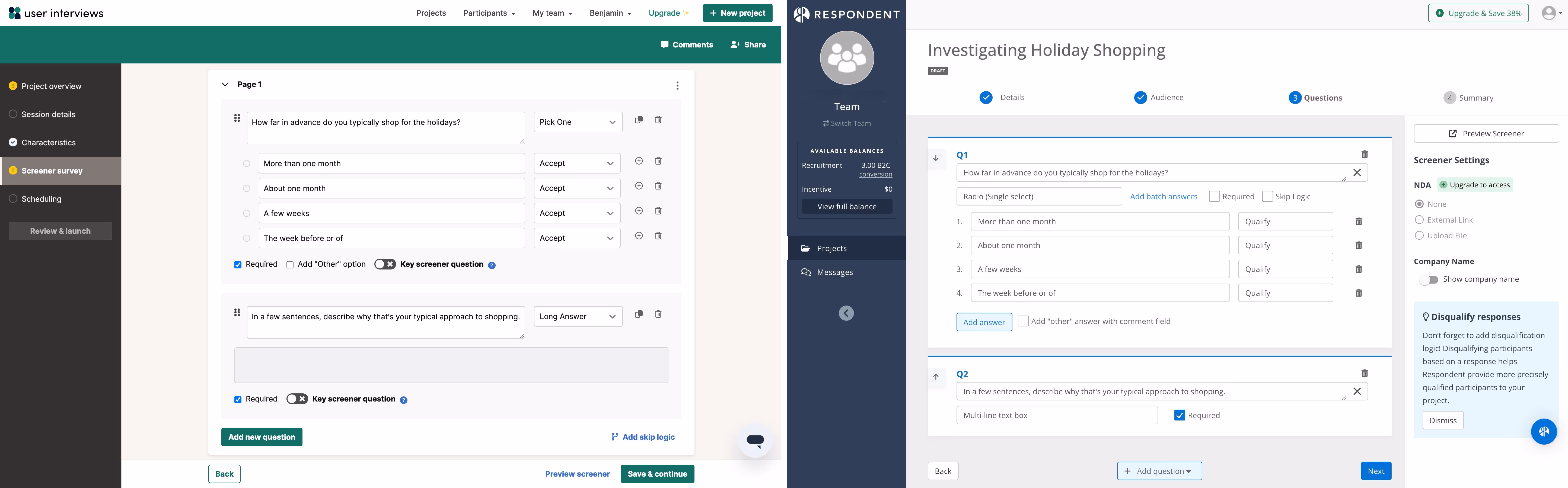 side by side of platform screener builder