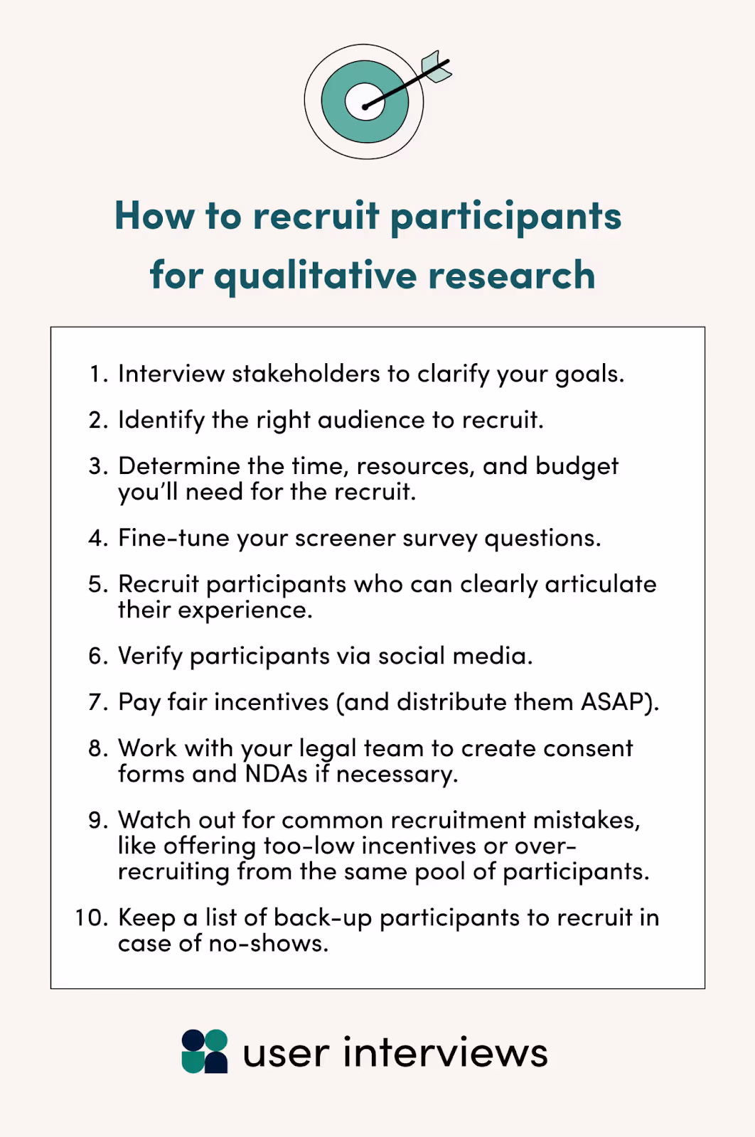 How to recruit participants for qualitative research: Interview stakeholders to clarify your goals. Identify the right audience to recruit.Determine the time, resources, and budget you’ll need for the recruit. Fine-tune your screener survey questions.Recruit participants who can clearly articulate their experience.Verify participants via social media.Pay fair incentives (and distribute them ASAP).Work with your legal team to create consent forms and NDAs if necessary.Watch out for common recruitment mistakes. Keep a list of back-up participants to recruit in case of no-shows. Watch out for common recruitment mistakes, like offering too-low incentives or over-recruiting from the same pool of participants.Keep a list of back-up participants to recruit in case of no-shows. 