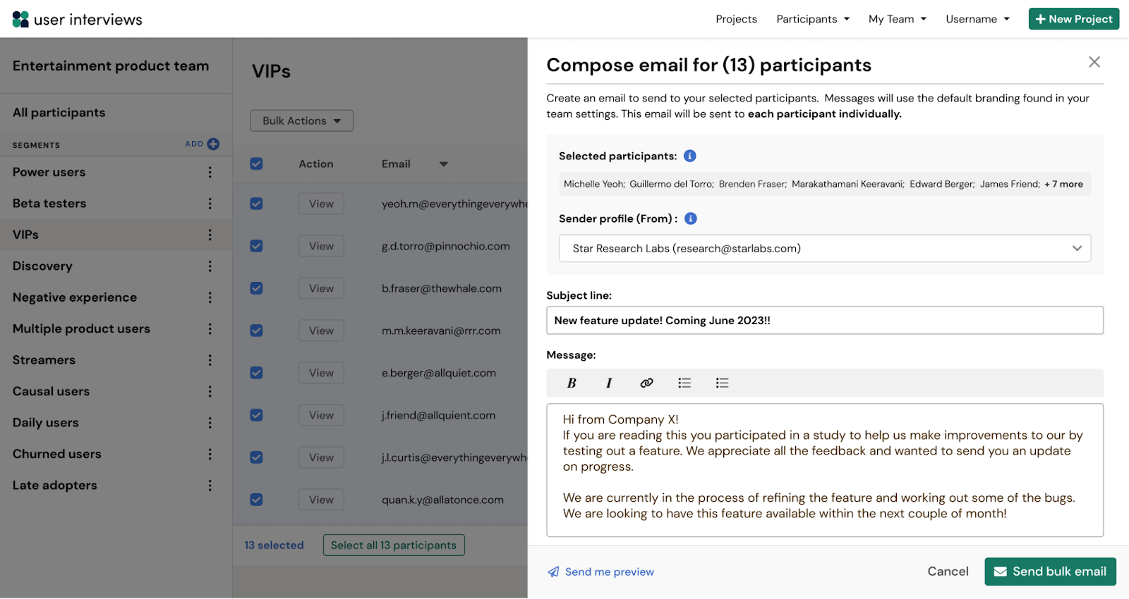 Screenshot of Hub email within User Interviews: Compose an email to send to research participants to build a thriving research community, close the loop on completed studies, and show participants that their feedback is valued.