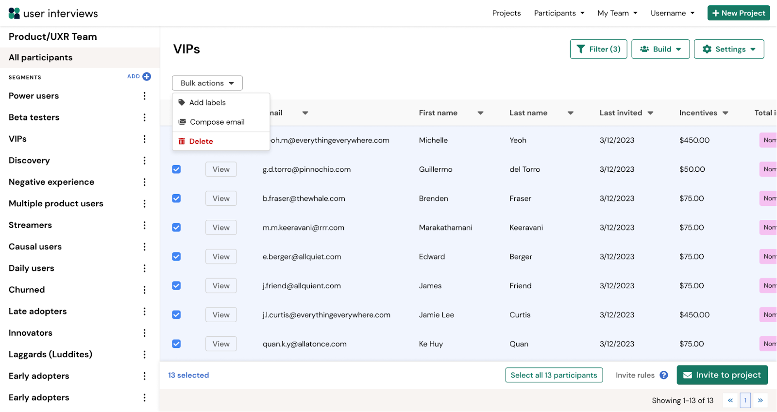 Screenshot of the Hub panel email tool within User Interviews: Compose an email to send to research participants to build a thriving research community, close the loop on completed studies, and show participants that their feedback is valued.