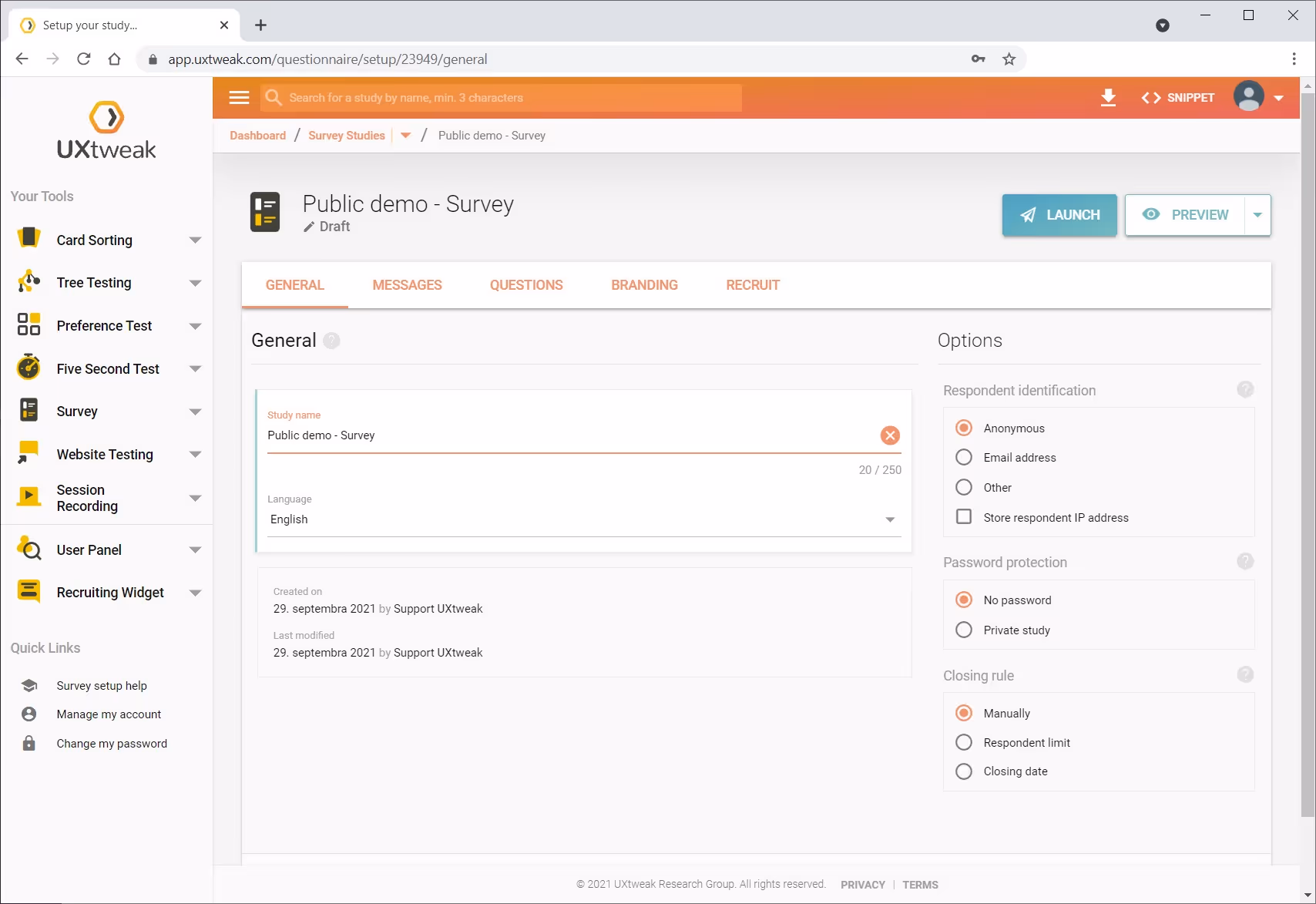 UXtweak survey builder screenshot