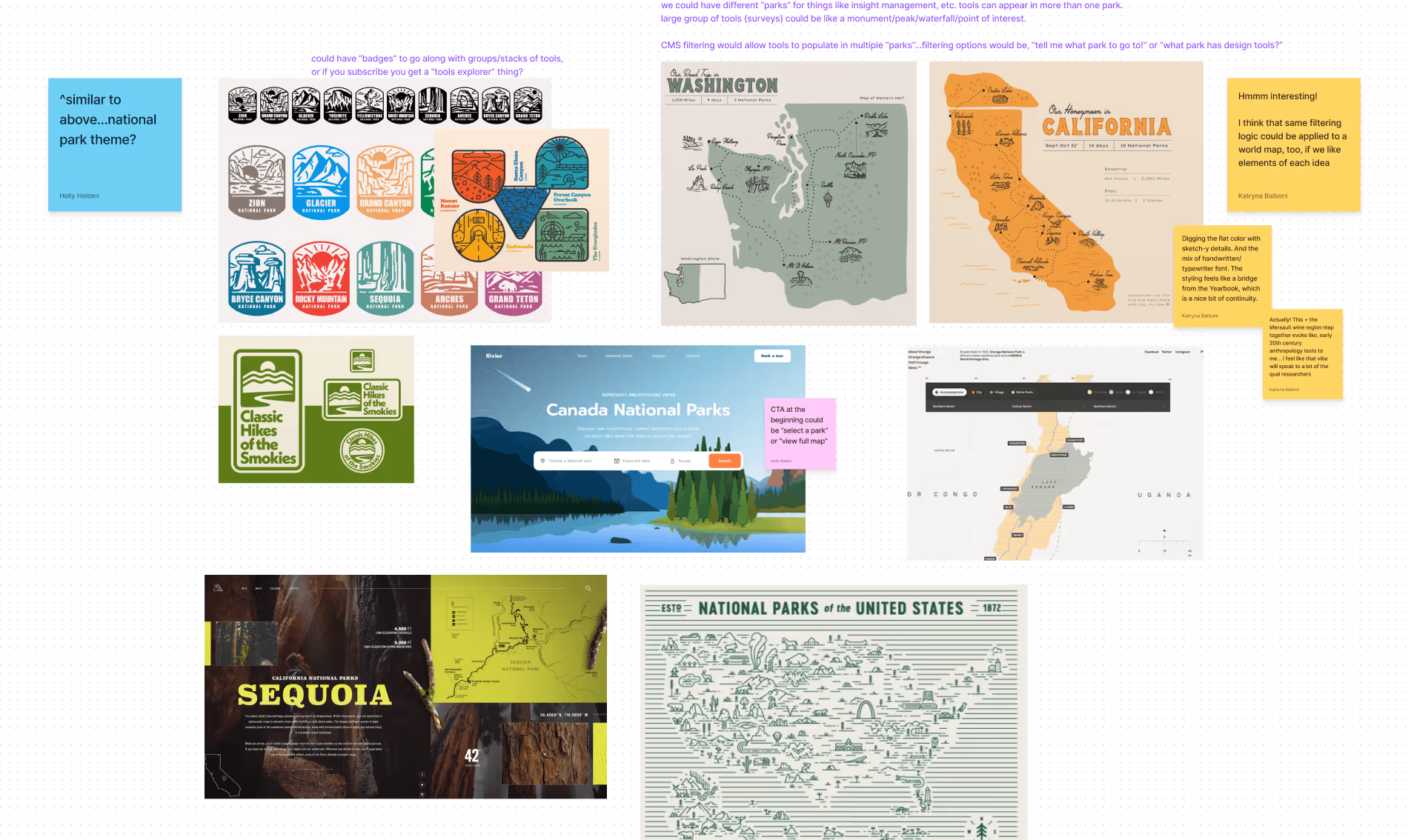 miro board with sticky notes and screenshots of maps
