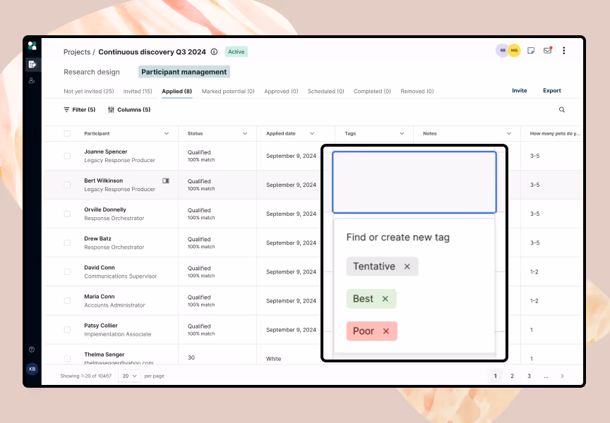 Dashboard showing a popup to add custom tags such as "tentative" "best" and "poor"