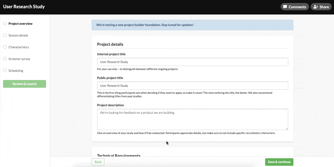 the new project builder from user intrviews