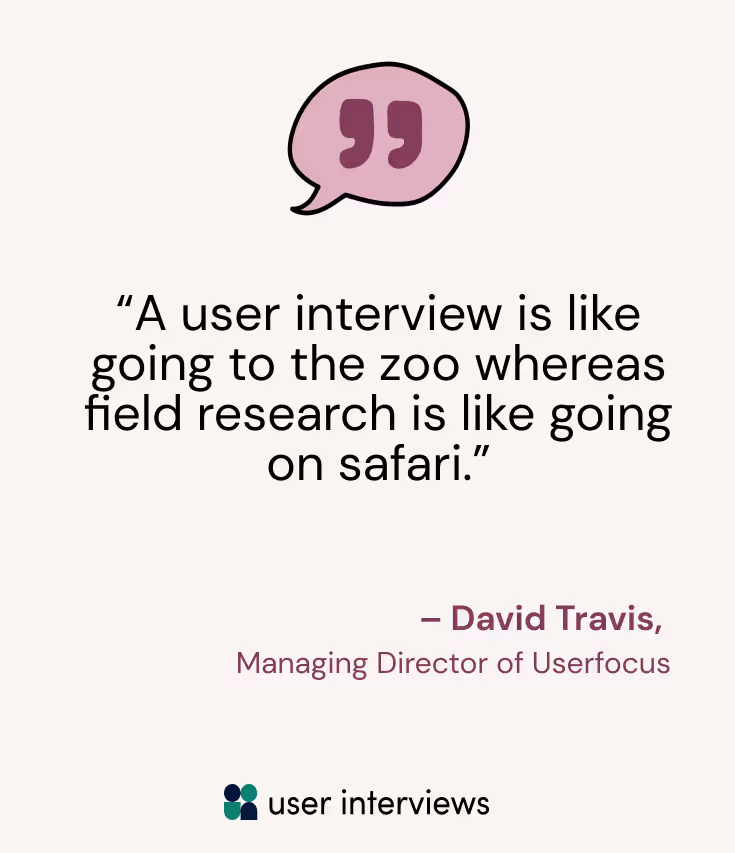A user research quote about user interviews and field studies by David Travis
