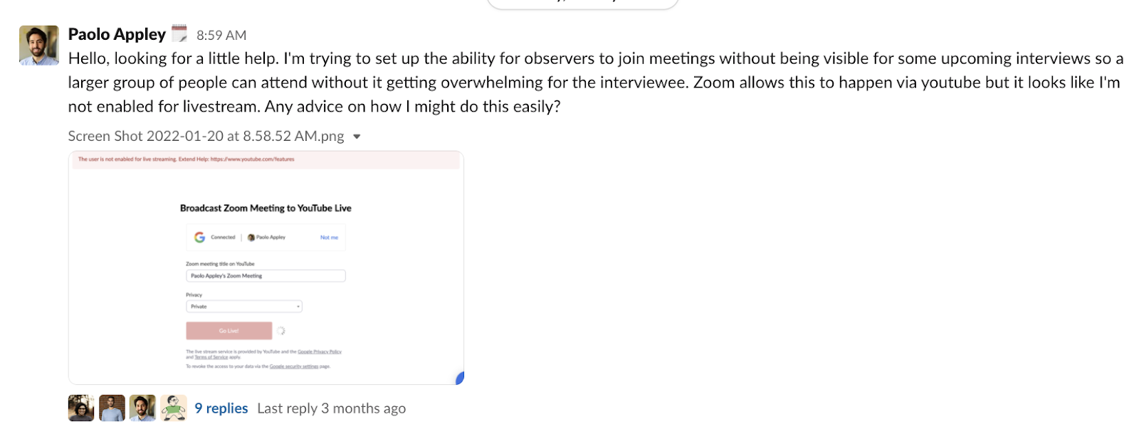screenshot of a research question on slack
