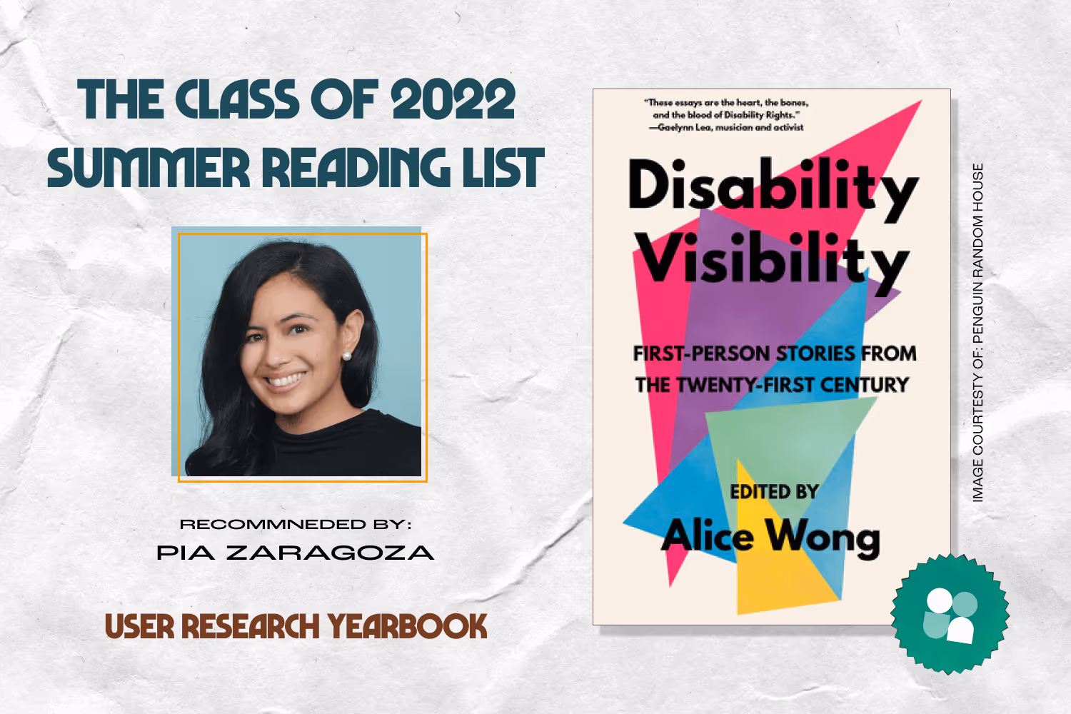 ux researcher book recommendation - pia zaragoza headshot with cover image of disability visibility