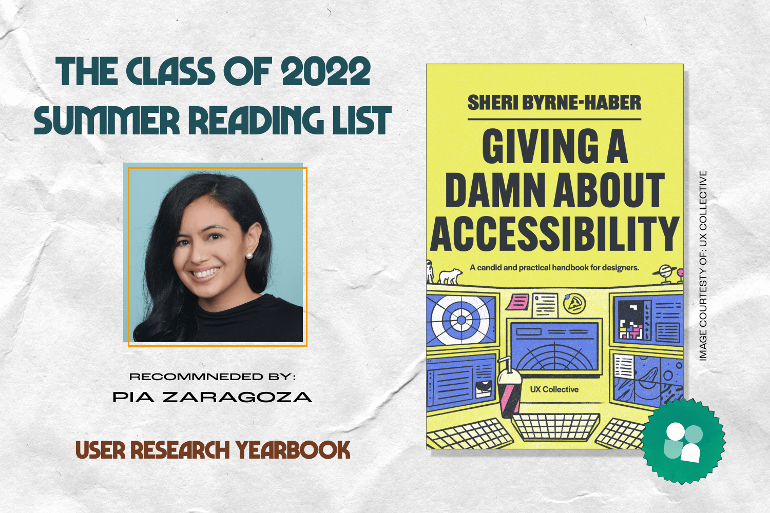 ux researcher book recommendation - pia zaragoza headshot with cover image of giving a damn about accessibility