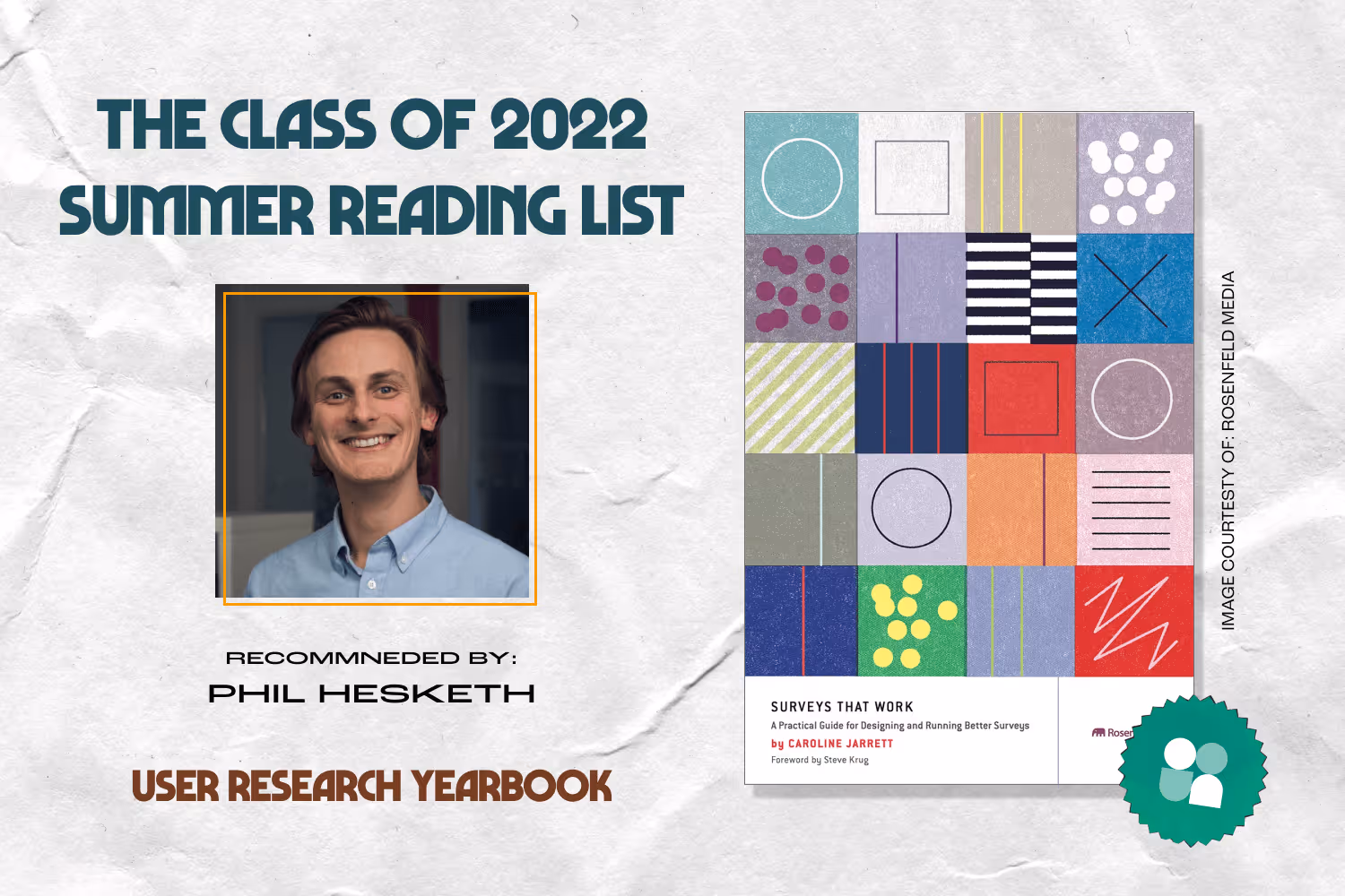 uxr book recommendation - phil hesketh headshot and cover image of surveys that work