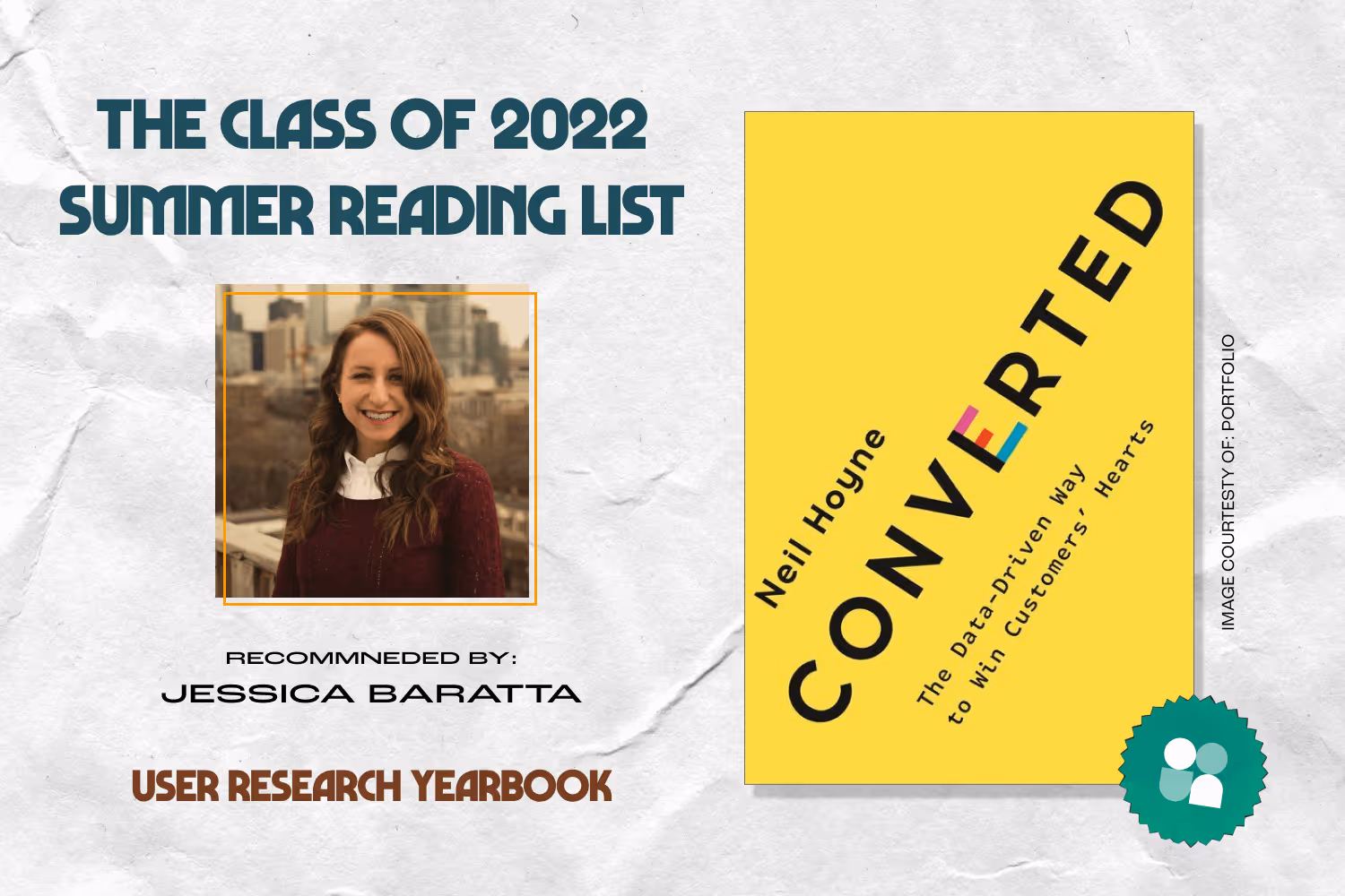 ux researcher book recommendation - jessica baratta headshot with cover image of converted