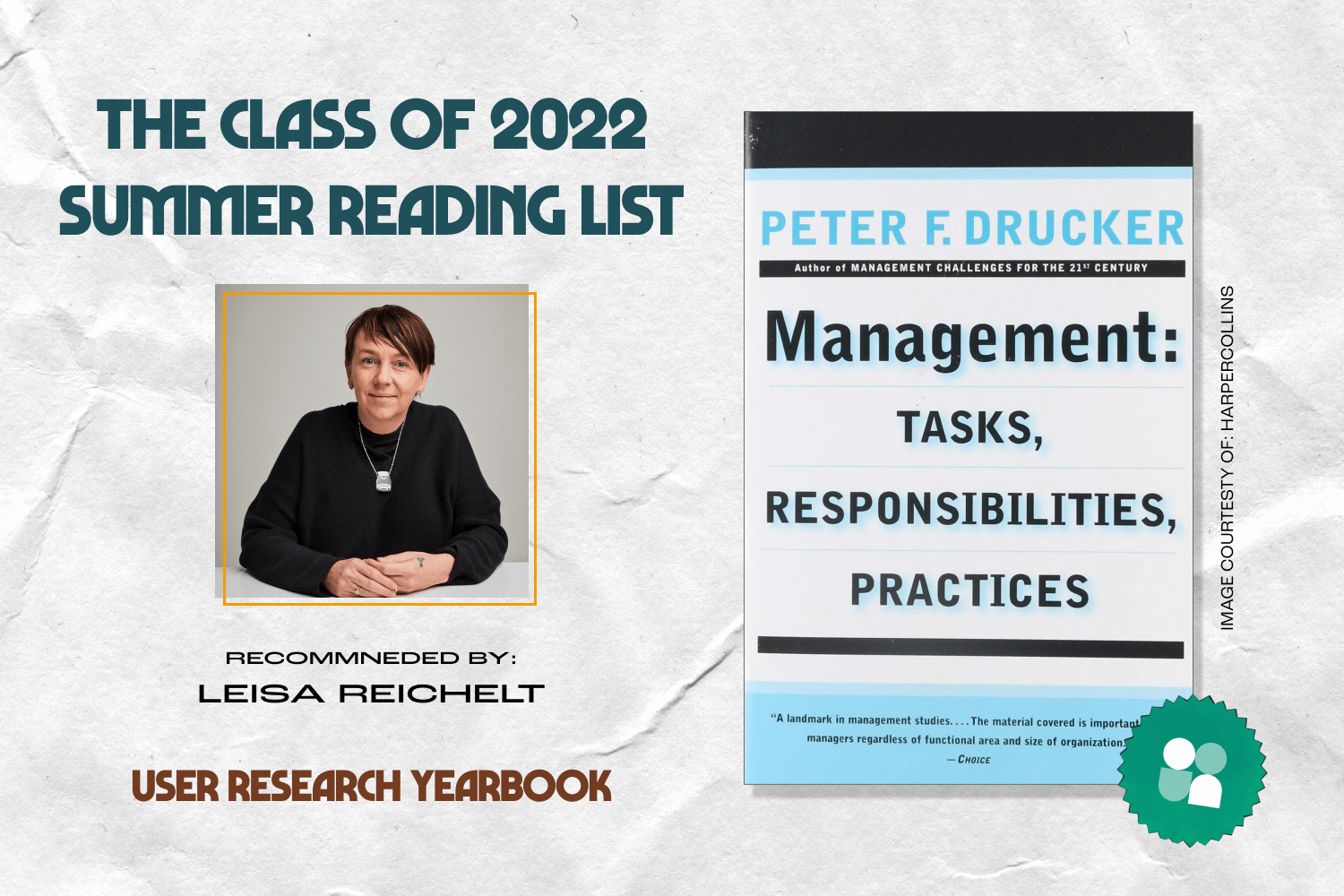 ux researcher book recommendation - leisa reichelt headshot with cover image of management