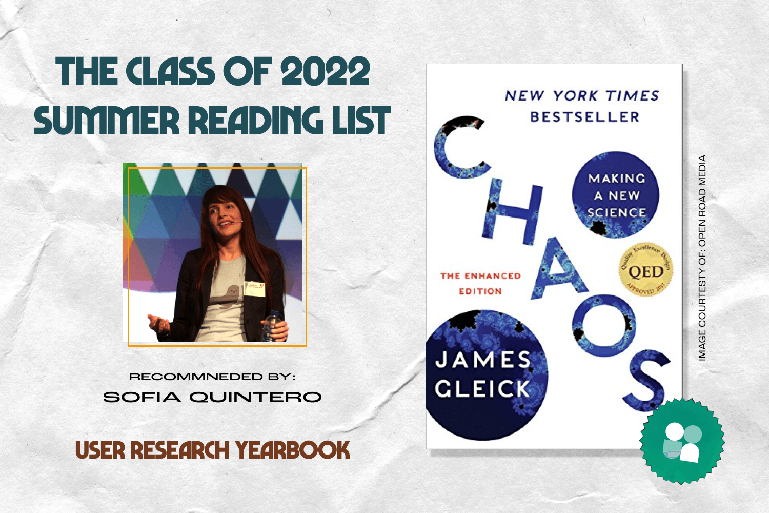 ux researcher book recommendation - sofia quintero headshot with cover image of chaos