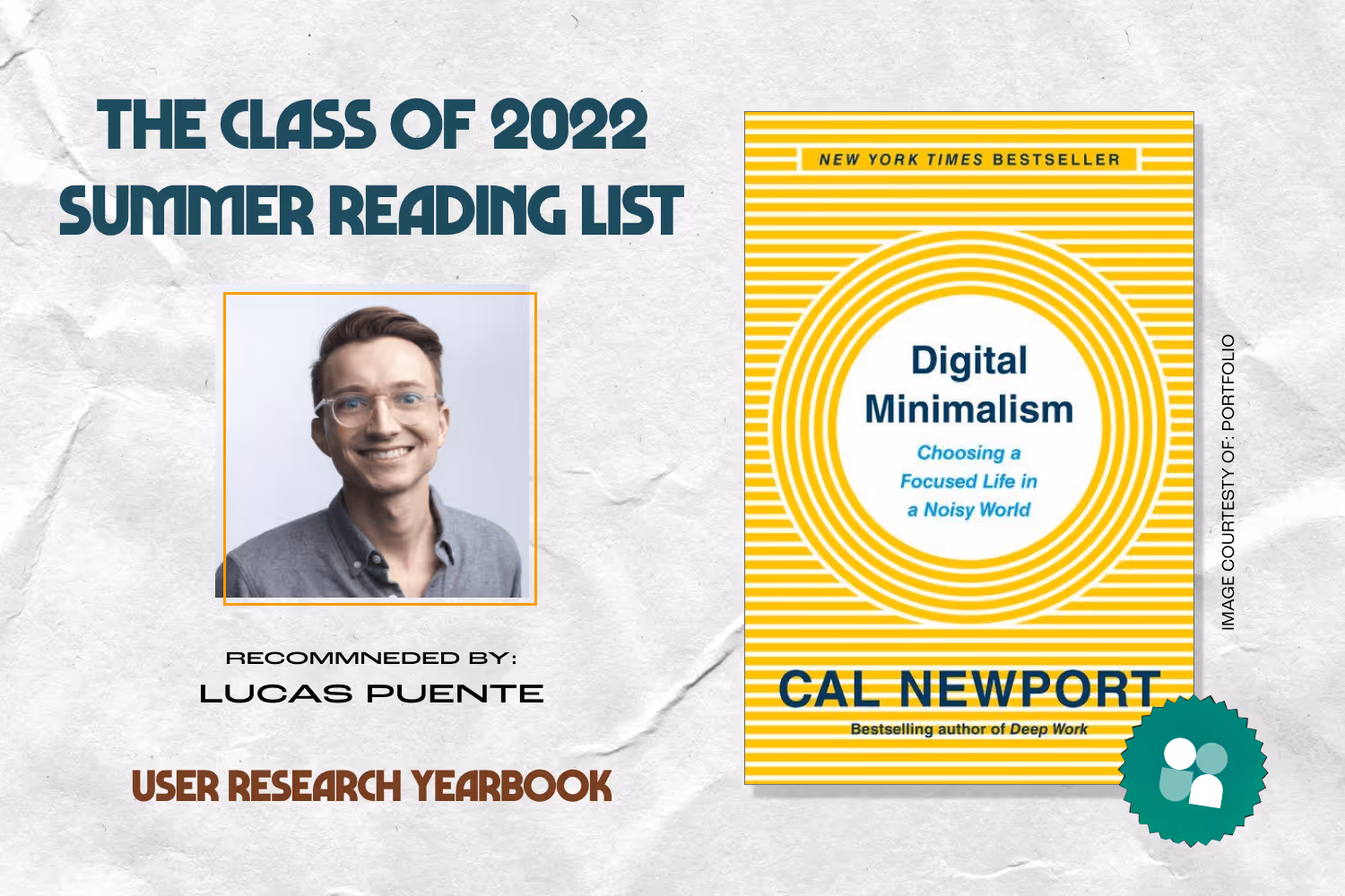 ux researcher book recommendation - lucas puente headshot with cover image of digital minimalism