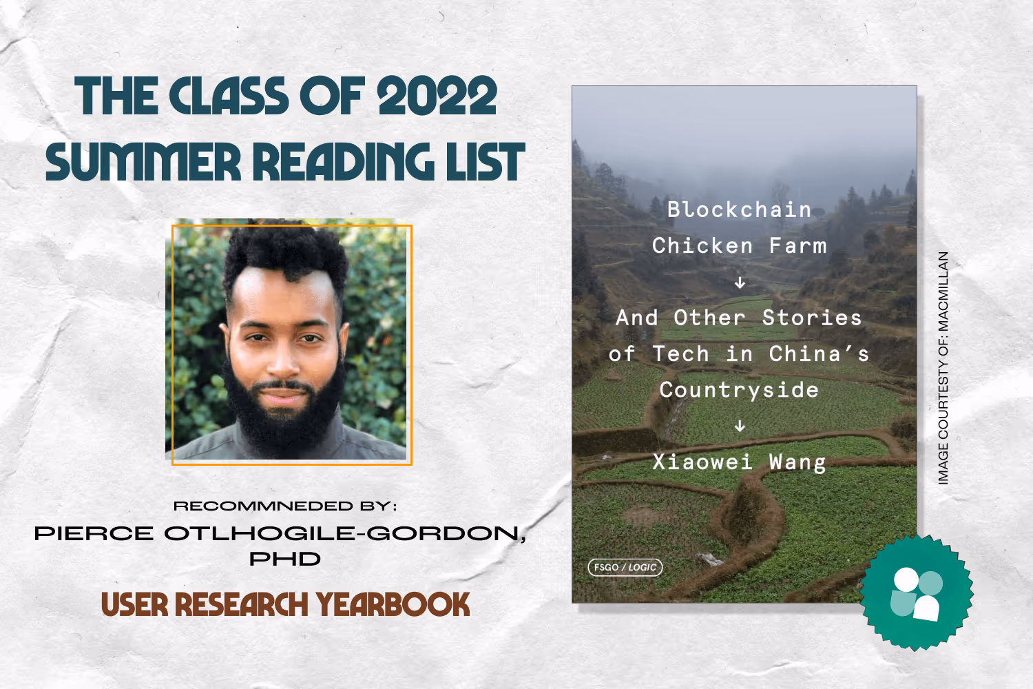 ux researcher book recommendation - pierce otlhogile-gordon headshot with cover image of blockchain chicken farm