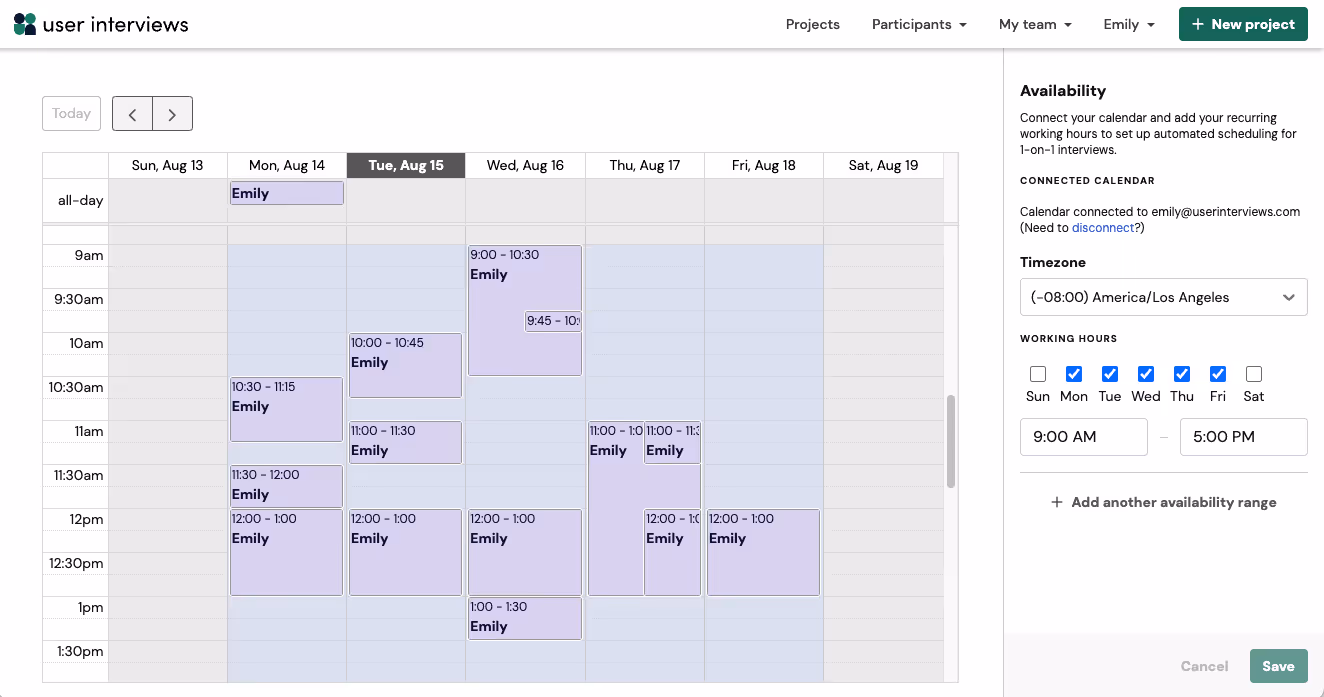 User Interviews Availability Calendar