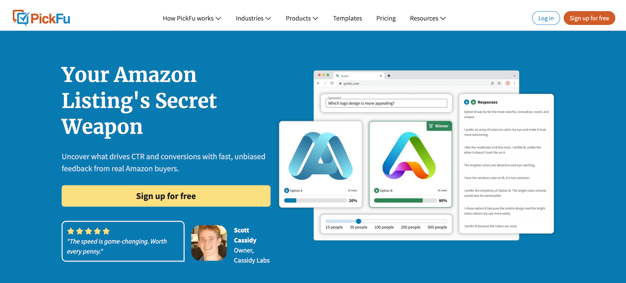 PickFu homepage: Your Amazon Listing's Secret Weapon