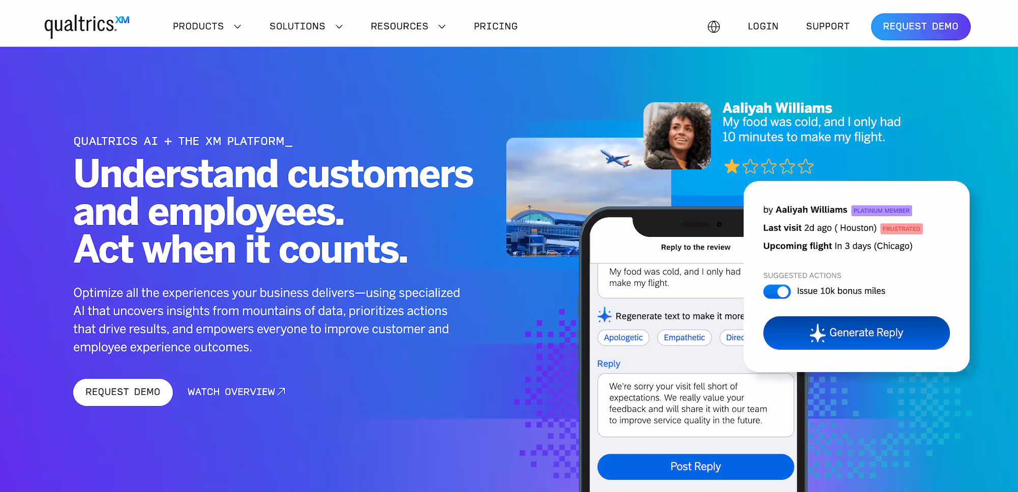 Qualtrics homepage: Understand customers and employees. Act when it counts.