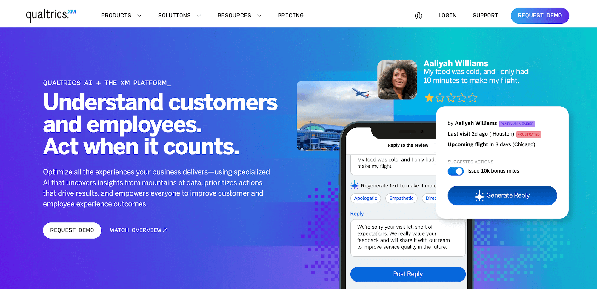 Qualtrics homepage: Understand customers and employees. Act when it counts.