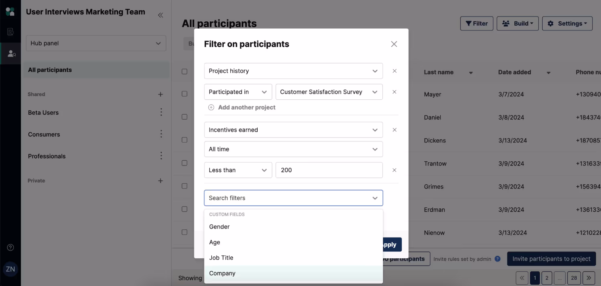 Filter on participants and custom fields