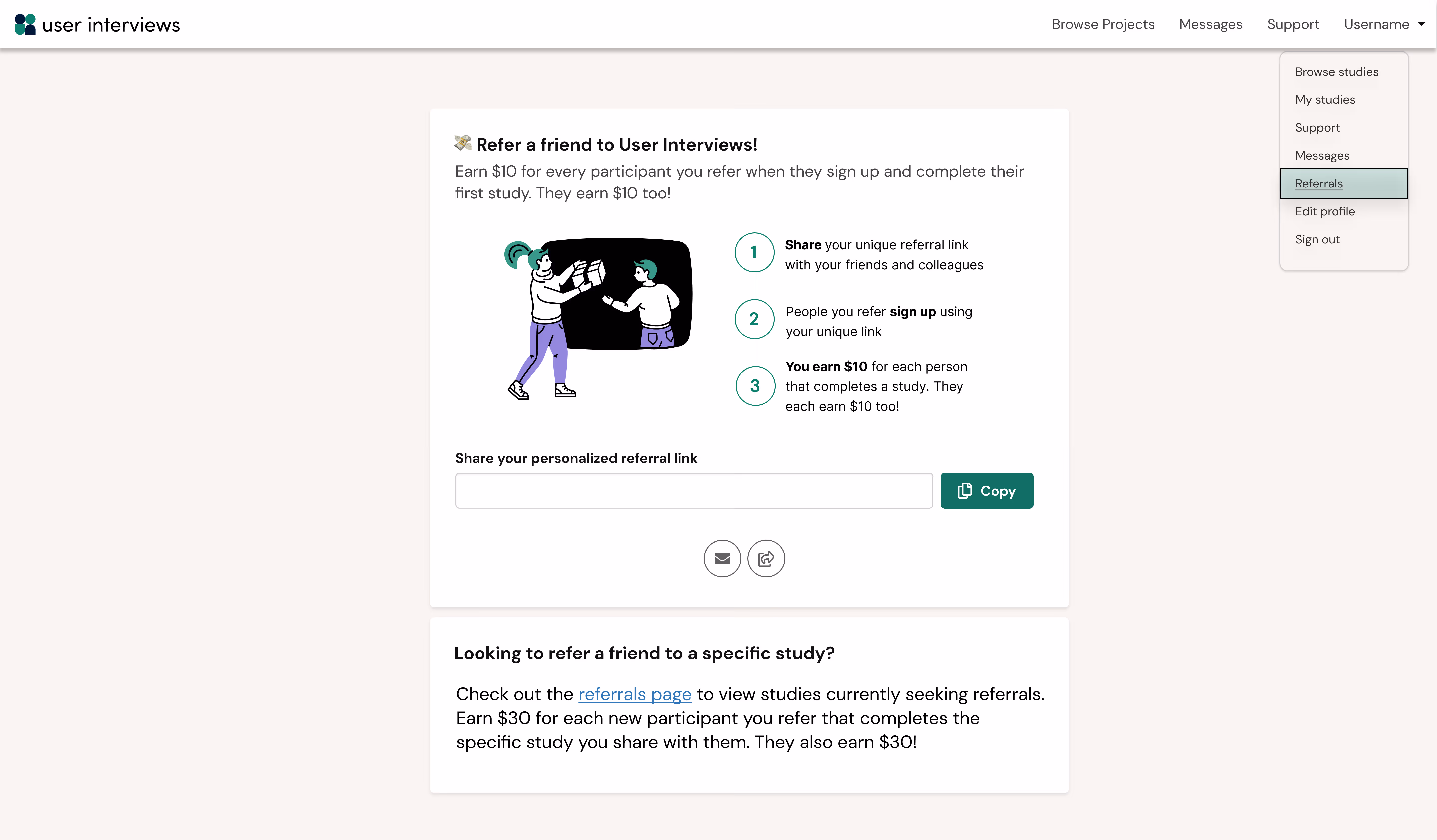 Screenshot of the User Interviews participant platform: referral page