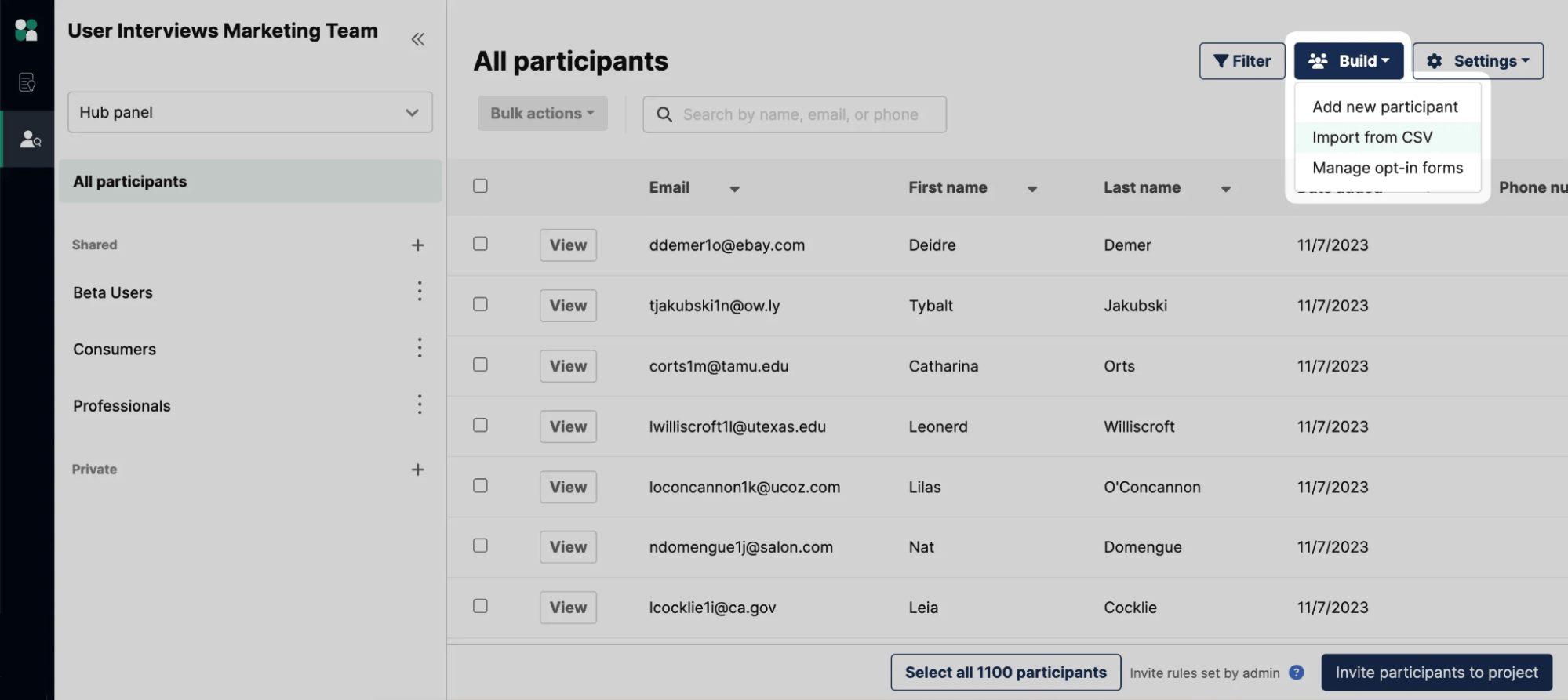Build and import from CSV for participants