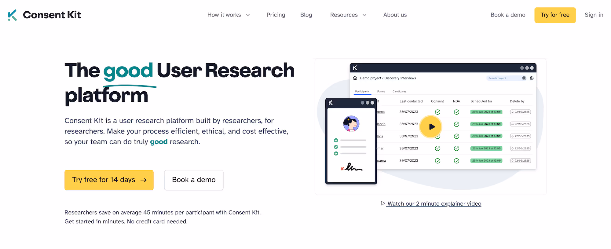 Consent Kit homepage: The good User Research platform