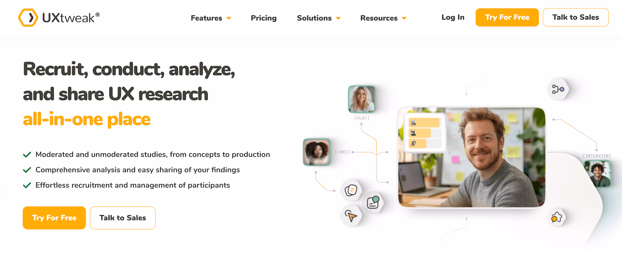 UXtweak homepage: Recruit, conduct, analyze, and share UX research in one place