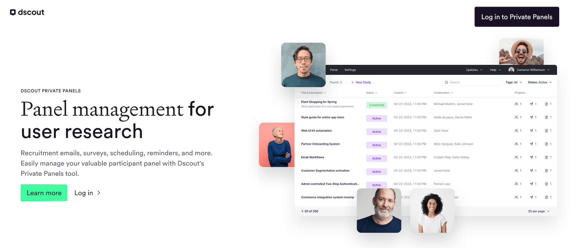 Dscout Private Panels homepage: Panel management for user research