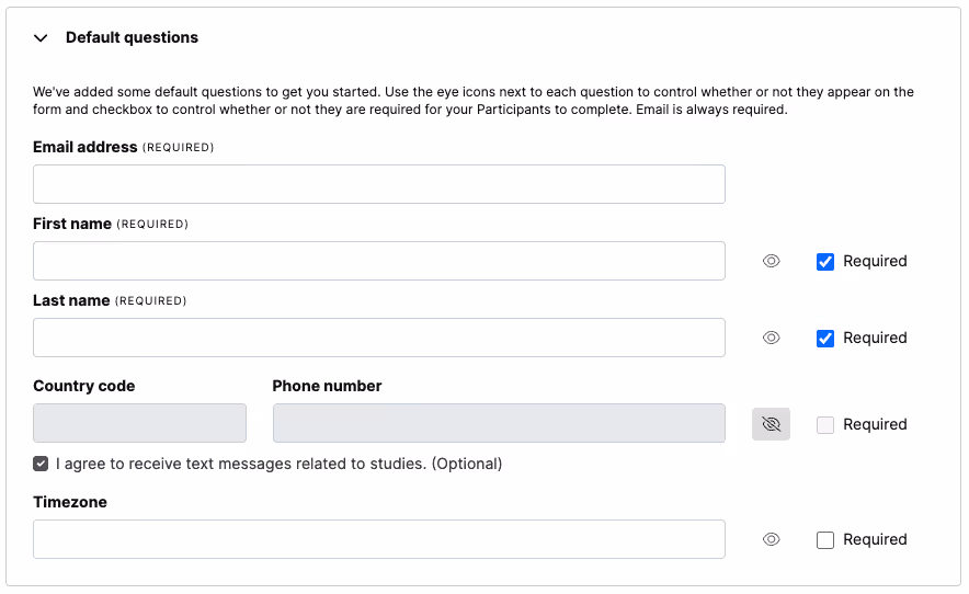 Default questions and required fields