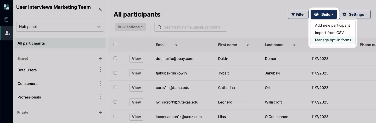 Build and manage opt-in forms for participants