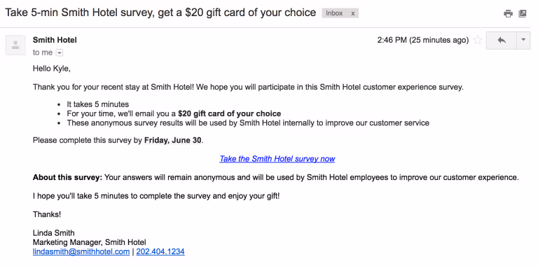 Hotel Survey example for a $20 gift card