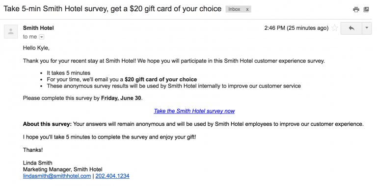 Hotel Survey example for a $20 gift card