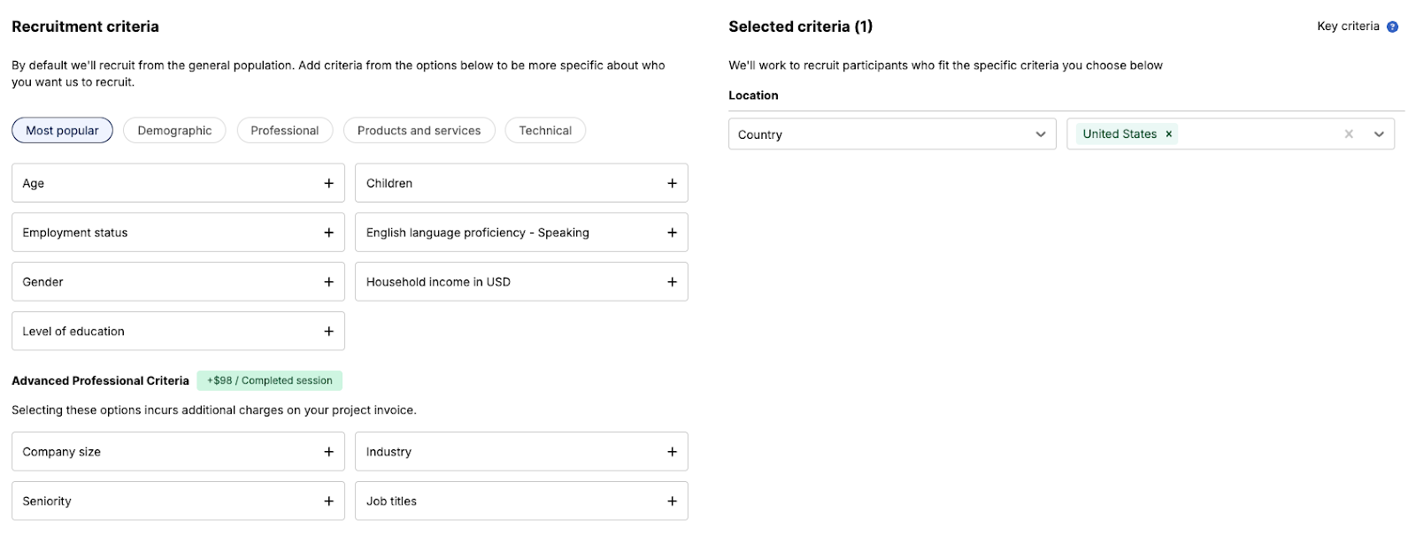Recruitment criteria offered by User Interviews, one of the best tools for qualitative research