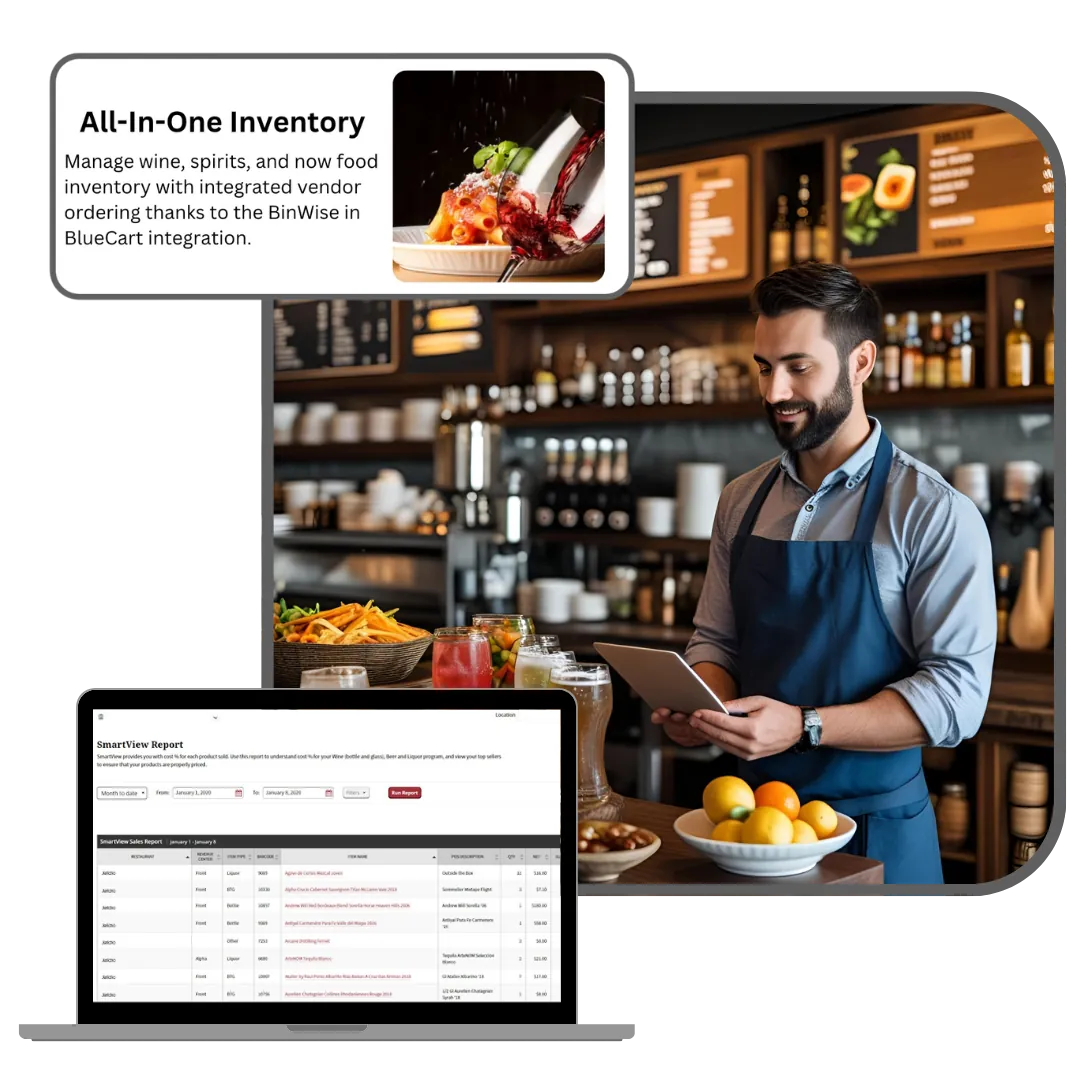 All-in-one inventory graphic for restaurant demo page showing BinWise beverage tools with �����Թ� food inventory and vendor ordering integration.
