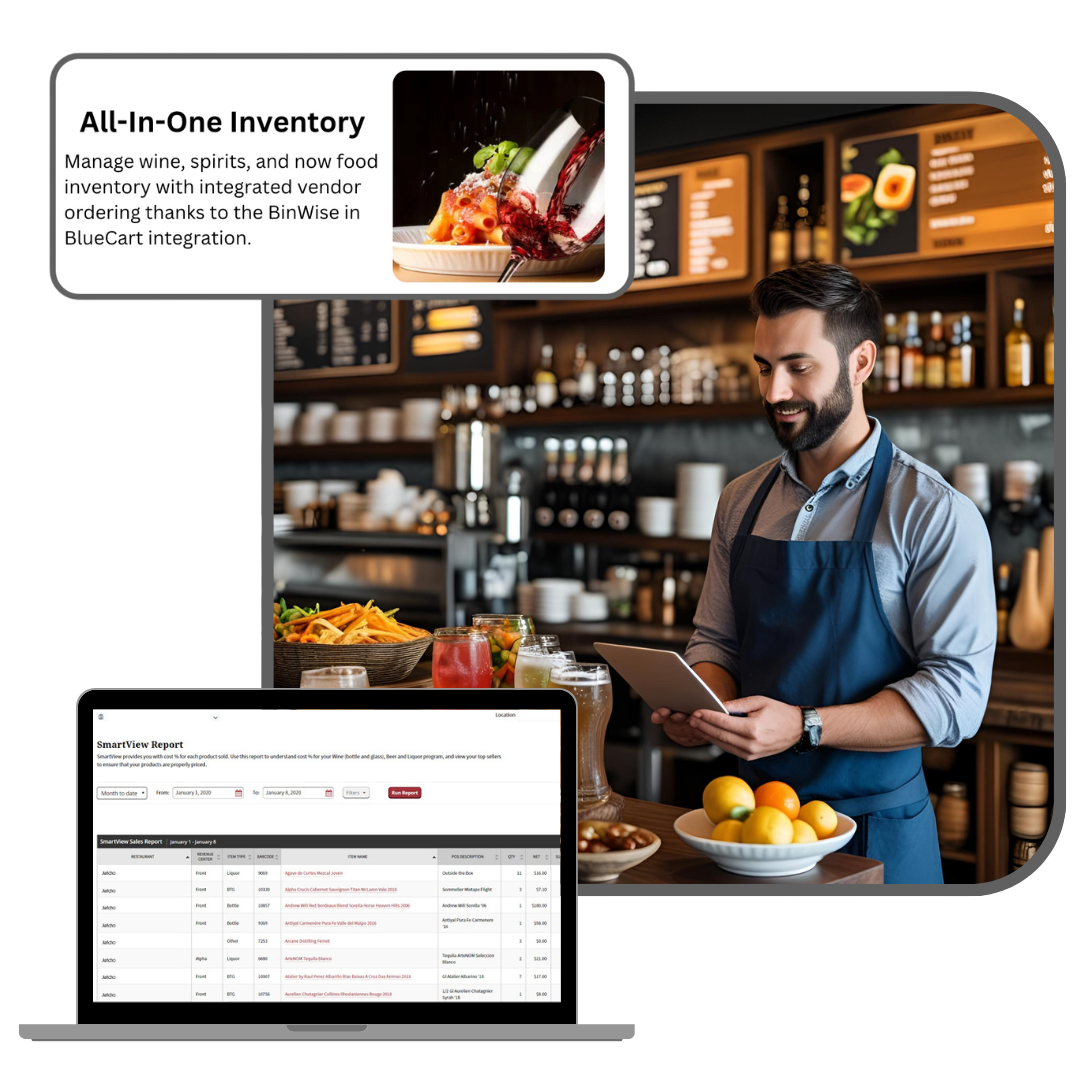 All-in-one inventory graphic for restaurant demo page showing BinWise beverage tools with BlueCart food inventory and vendor ordering integration.