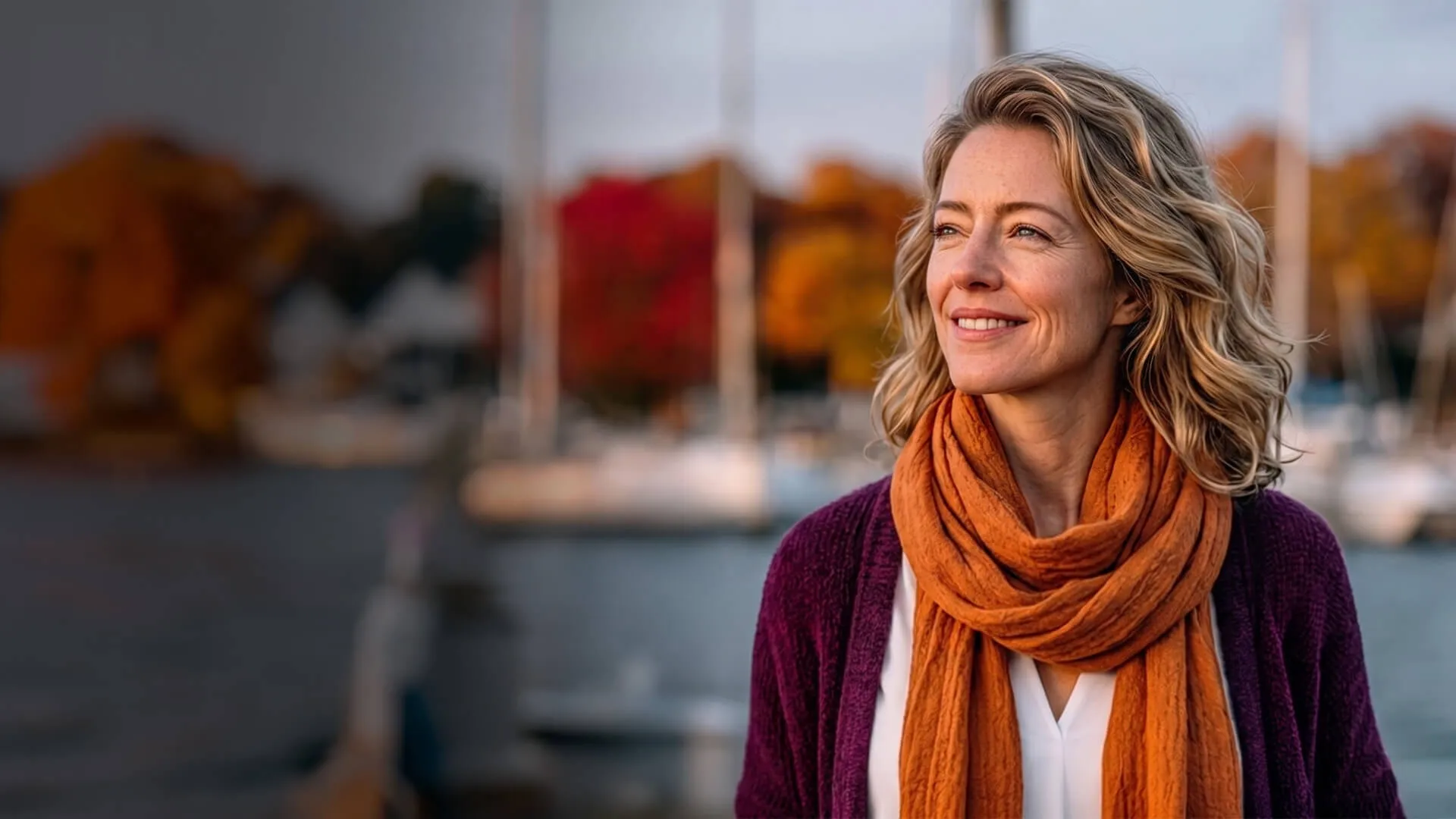 Smiling woman with blonde hair and orange scarf stands near water with fall foliage and boats behind her.