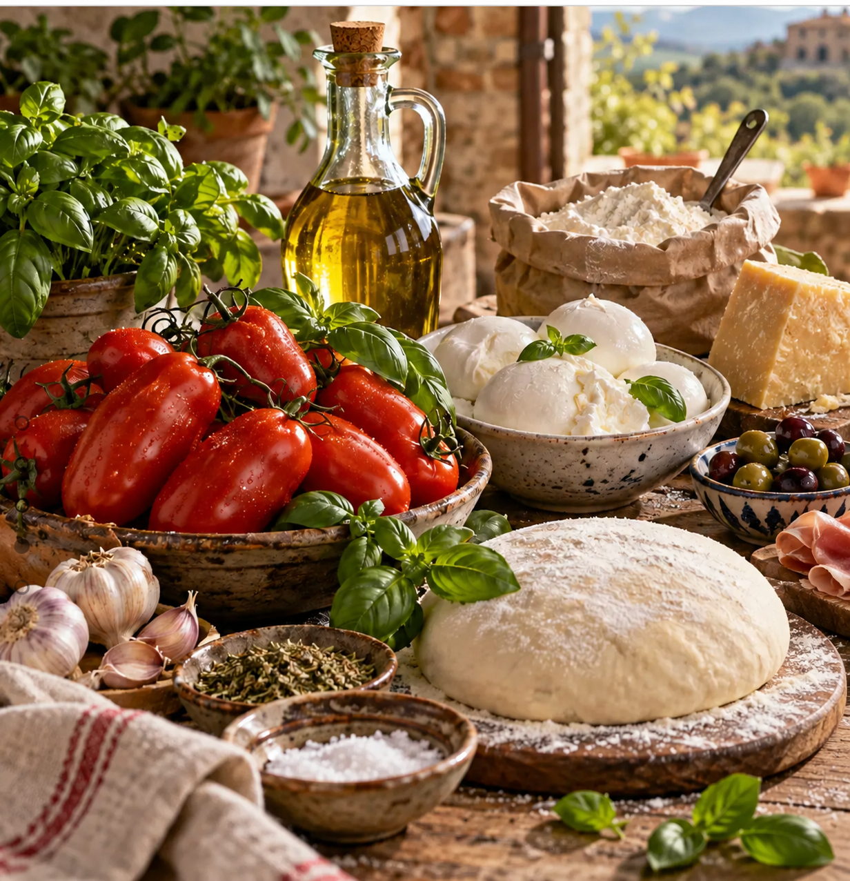 Fresh Italian pizza ingredients including tomatoes basil mozzarella olive oil and dough