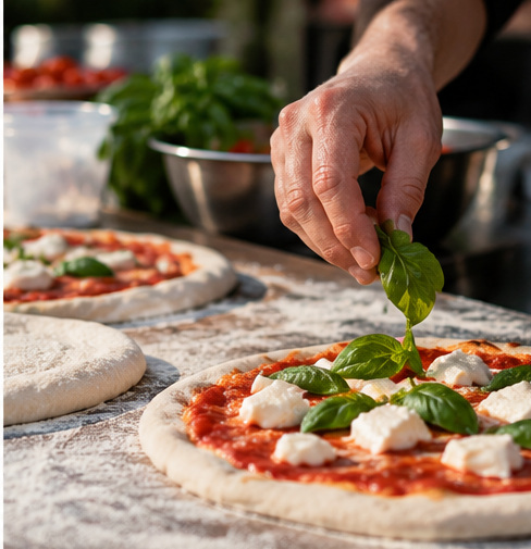 Illustrative close-up of a hand adding fresh basil to a Margherita pizza