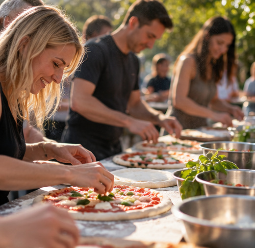 Illustrative image of participants preparing pizzas together at an outdoor pizza-making workshop