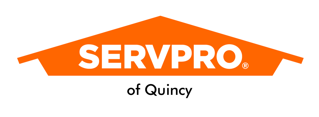 SERVPRO company logo with an orange roof shape above the company name and the word Quincy below in black.