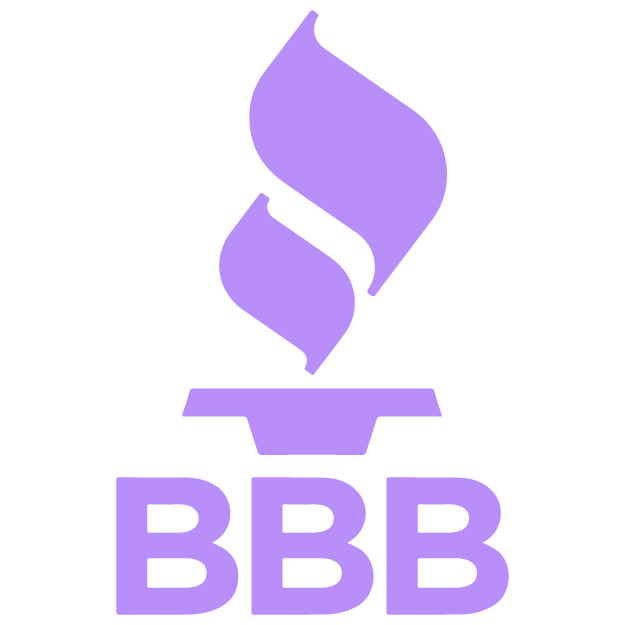 Logo with stylized purple flame above the letters BBB in purple.